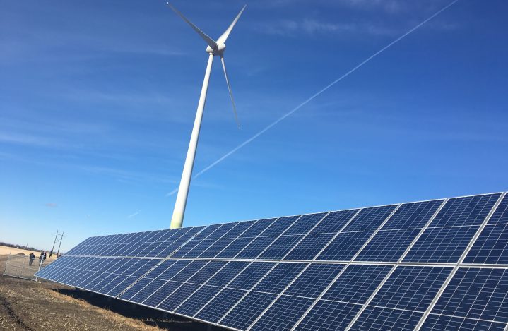 A solar array, combined with a wind turbine battery storage, marked the first utility-scale hybrid solar and wind power site in Saskatchewan, located on Cowessess First Nation. It's the first known wind-solar battery storage project in the country.