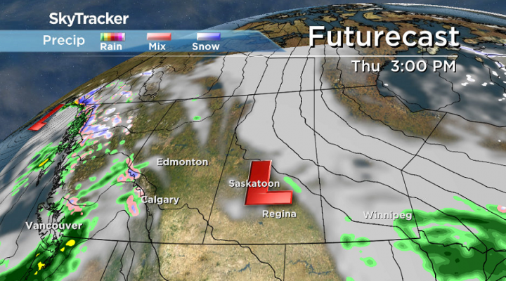 A low pressure system will bring in the first significant clouds Saskatoon has seen in about a week.