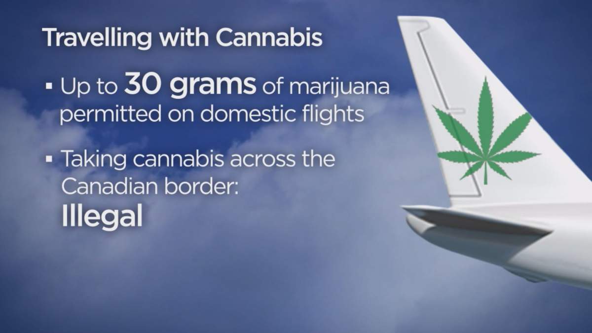 You are allowed to take 30 grams of marijuana with you on domestic flights, but it’s illegal to take cannabis across the Canadian border
