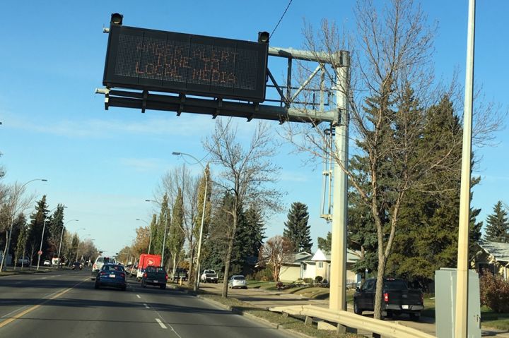 An Amber Alert message is seen on an Edmonton road on Oct. 5, 2018. The abduction of a 14-year-old girl in northeast Edmonton prompted police to issue an Amber Alert on Friday afternoon.