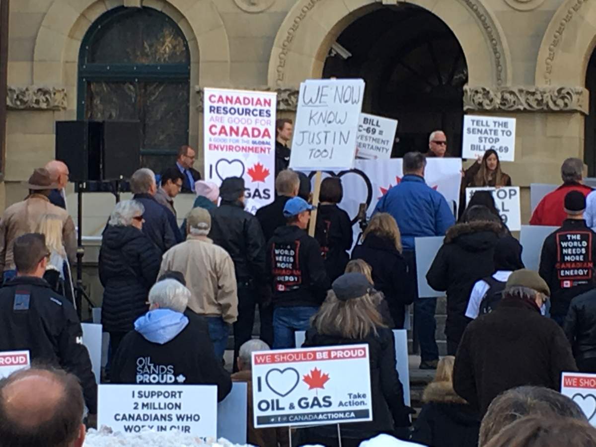 Opponents of Bill C-69 held a rally in front of the McDougall Centre in Calgary Thursday, Oct. 11, 2018.