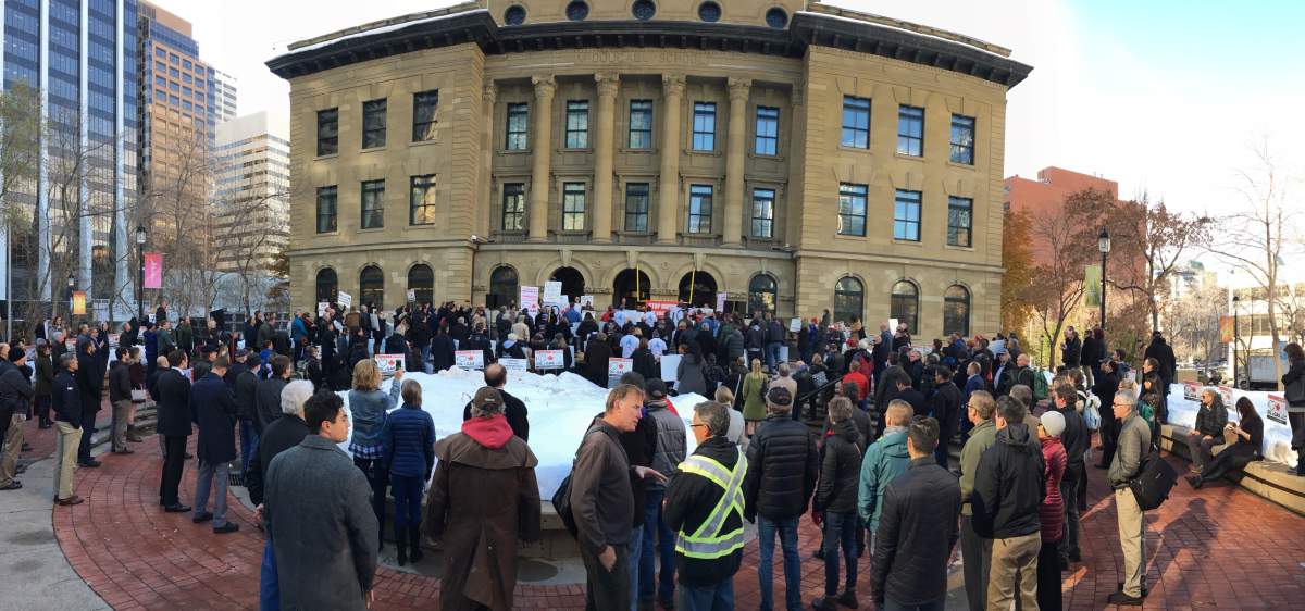 Opponents of Bill C-69 held a rally in front of the McDougall Centre in Calgary Thursday, Oct. 11, 2018.