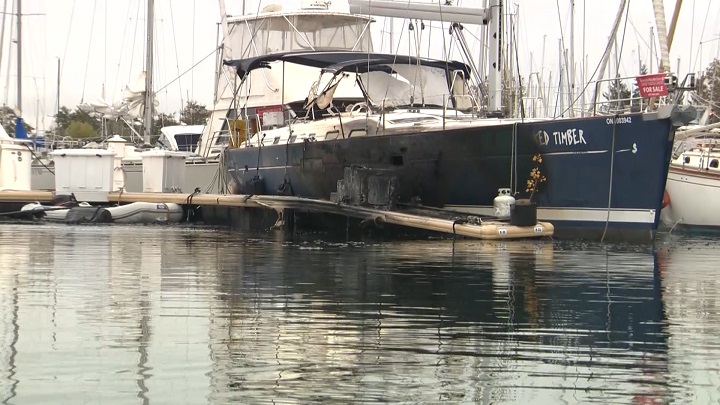Toronto Fire Services says a boat was fully engulfed in flames and injured two people Sunday morning. 