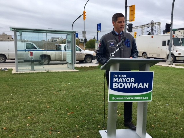 Mayor Brian Bowman makes a transit pledge Monday.