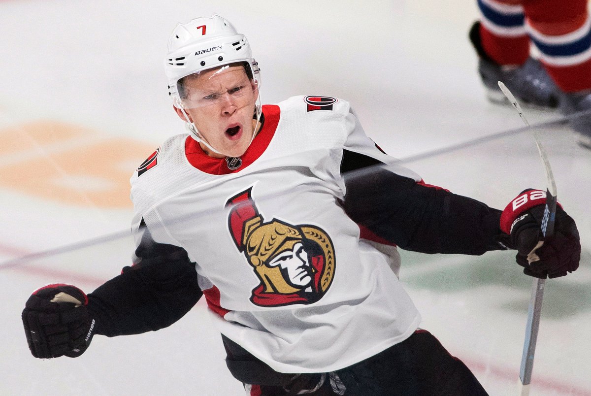 In this Sept. 22, 2018, file photo, Ottawa Senators' Brady Tkachuk celebrates after scoring against the Montreal Canadiens during the first period of an NHL hockey preseason game, in Montreal. 