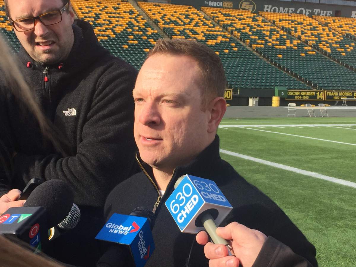 Edmonton Football Team general manager Brock Sunderland addresses the media following practice on Monday, Oct. 29, 2018.