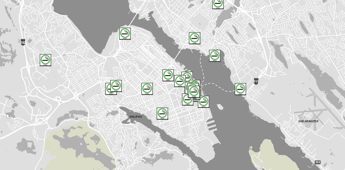 A screenshot of the Halifax Regional Municipality designated smoking area map on Oct. 16, 2018.
