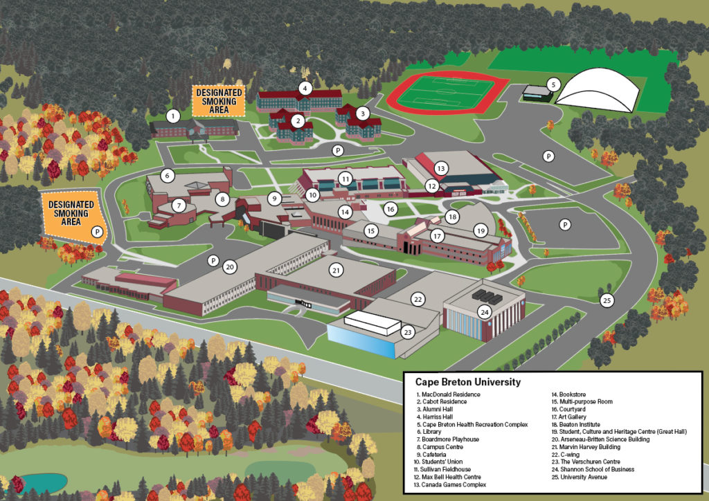A map showing the two designated smoking areas on the CBU campus.