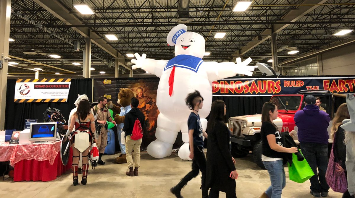 The Stay Puft Marshmellow Man stands tall inside the Agriplex building at the Western Fair District. 