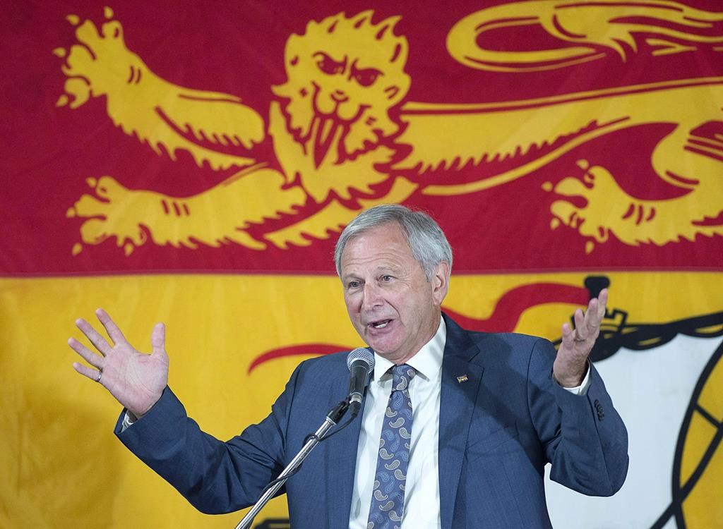 New Brunswick Progressive Conservative Leader Blaine Higgs addresses supporters at his campaign headquarters in Quispamsis, N.B. on Monday, Sept. 24, 2018.