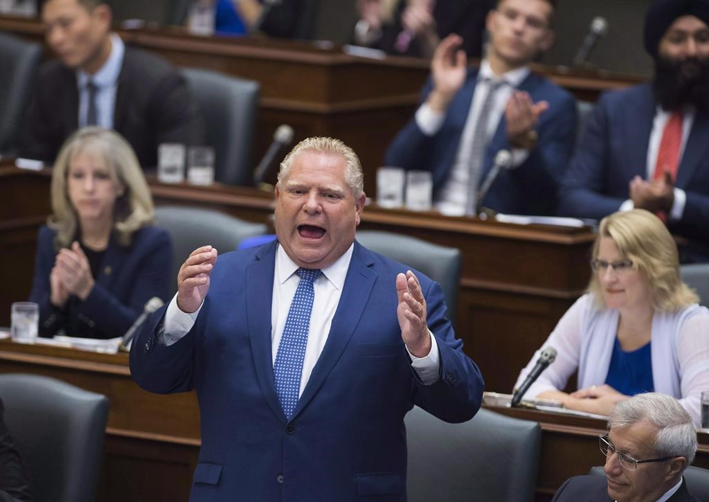 Ontario Premier Doug Ford speaks during question period inside the legislature at Queen's Park in Toronto on Monday, Sept. 17, 2018.