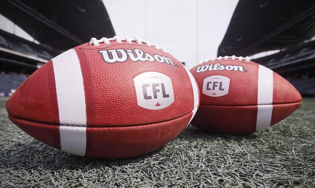 New CFL balls are photographed at the Winnipeg Blue Bombers stadium in Winnipeg, Thursday, May 24, 2018.