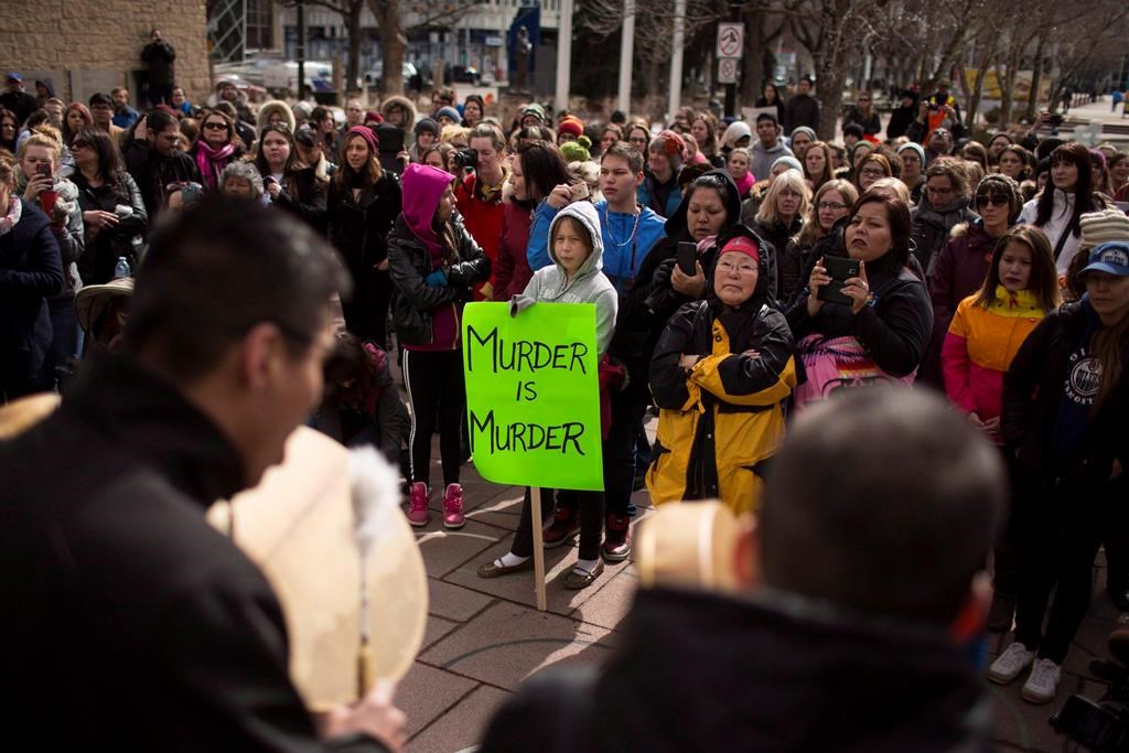 Protesters show their support for Cindy Gladue during a rally in Edmonton on April 2, 2015.