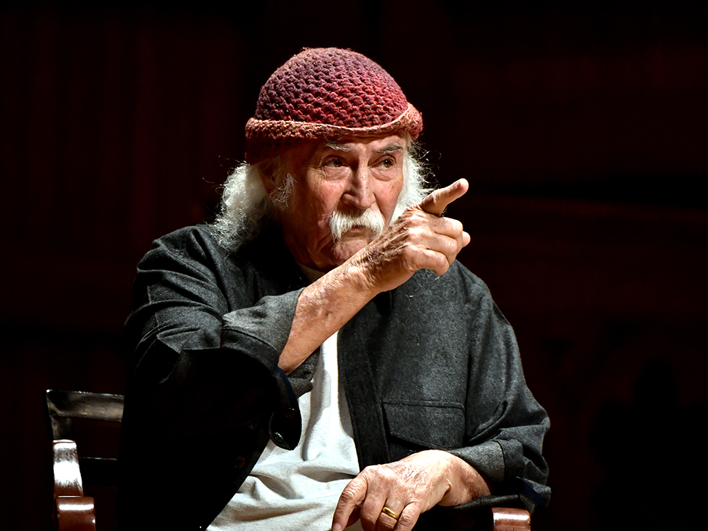 David Crosby speaks at Harvard University's Sanders Theatre on Sept. 25, 2018 in Cambridge, Mass.