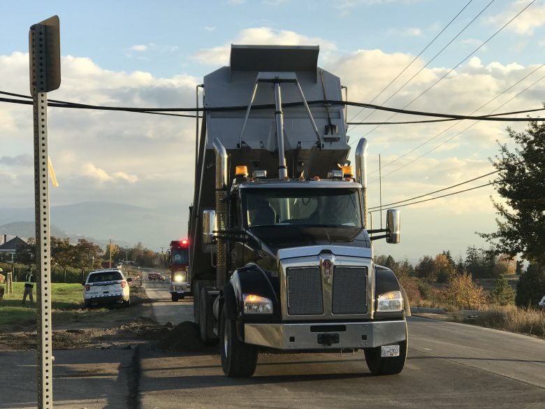 A dump truck was caught up in Telus lines on Old Vernon Road in Ellison, just east of Kelowna Tuesday afternoon.