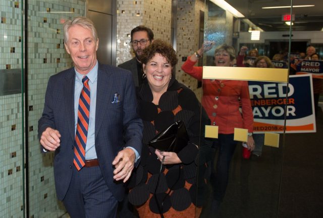 Fred Eisenberger arrives at city hall after being re-elected mayor of Hamilton on Oct. 22.