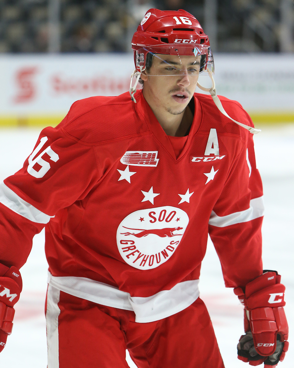 Morgan Frost of the Sault Ste. Marie Greyhounds. Photo by Luke Durda/OHL Images.
