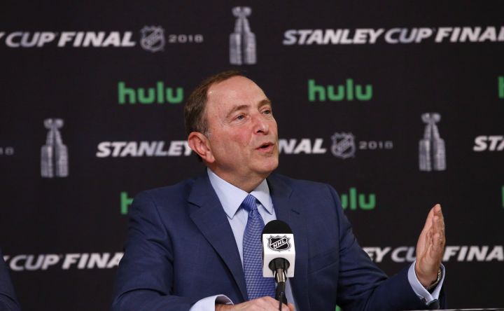 FILE - In this May 28, 2018 file photo NHL Commissioner Gary Bettman speaks during a news conference prior to Game 1 of the NHL Stanley Cup Final hockey game between the Vegas Golden Knights and the Washington Capitals in Las Vegas. 