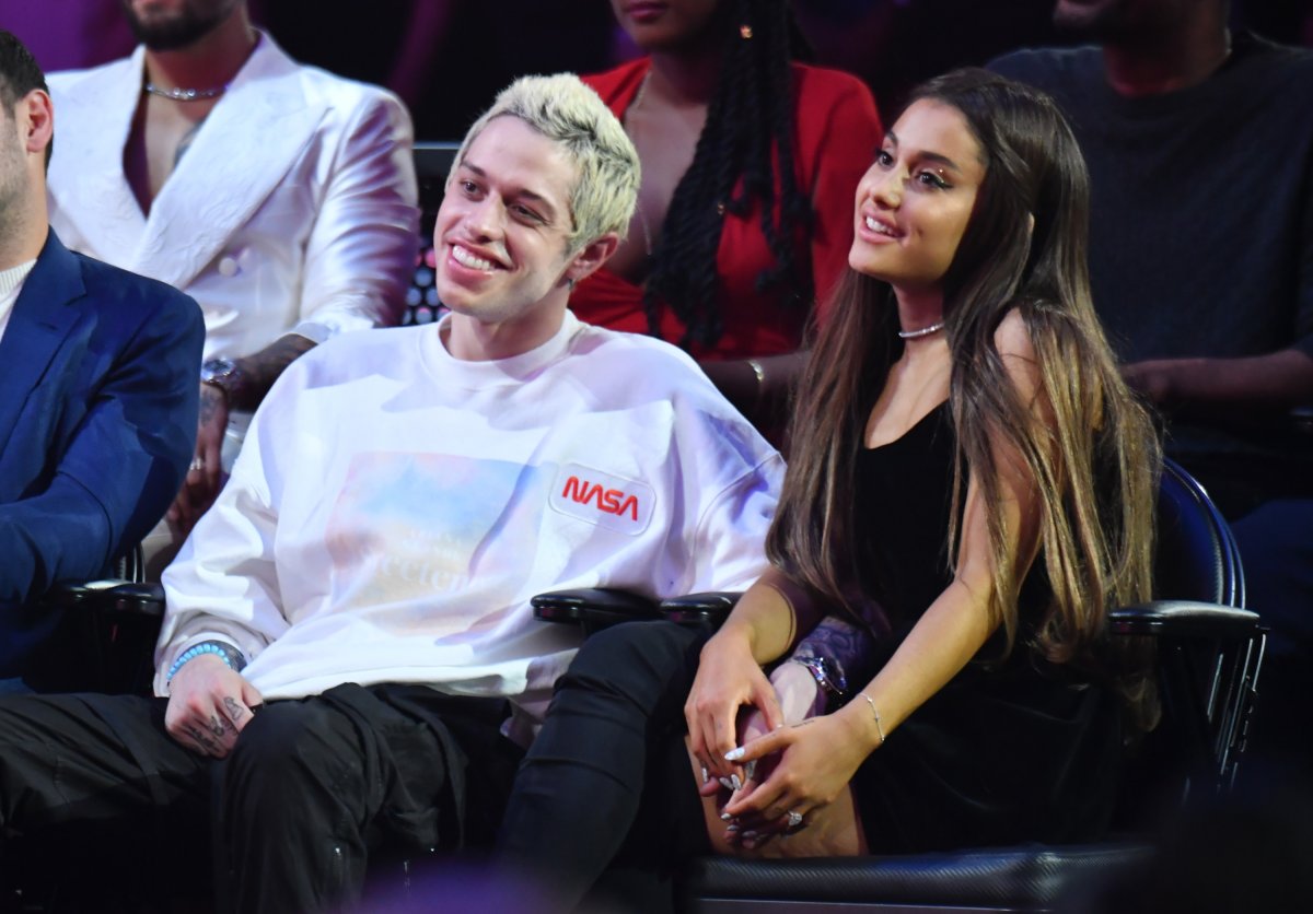 Pete Davidson (C) and Ariana Grande (R) attend the 2018 MTV Video Music Awards at Radio City Music Hall on Aug. 20, 2018 in New York City.