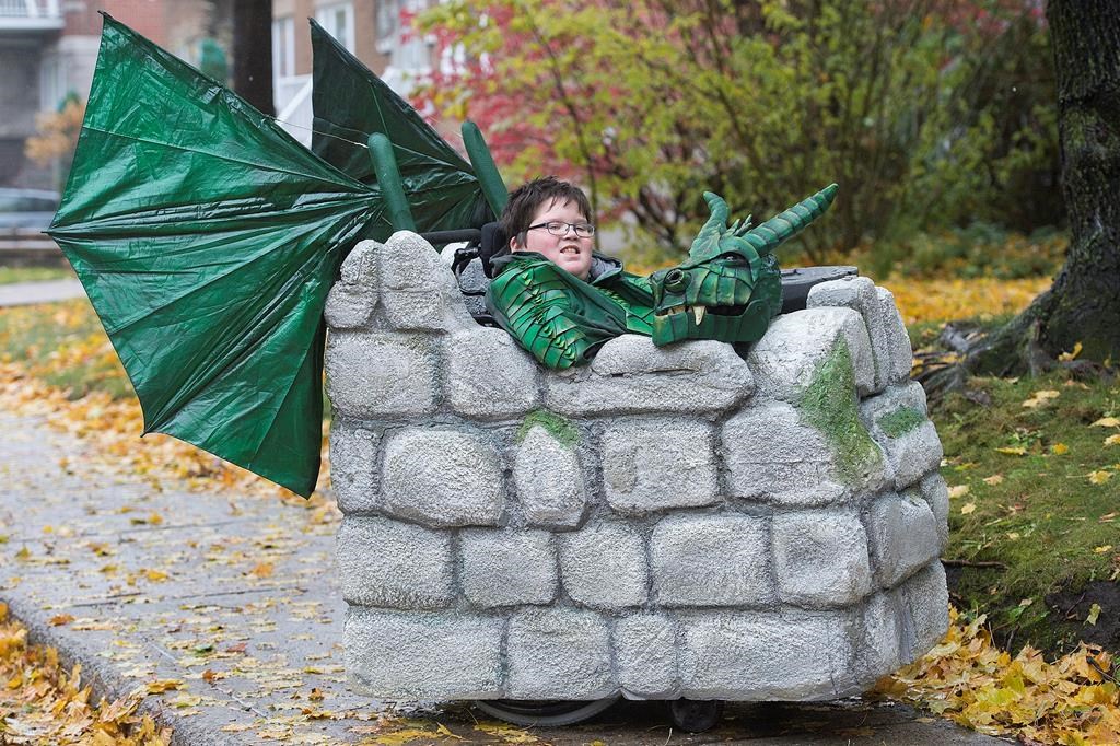 Émile Laliberté poses in his Halloween costume in Montreal in October 2018.