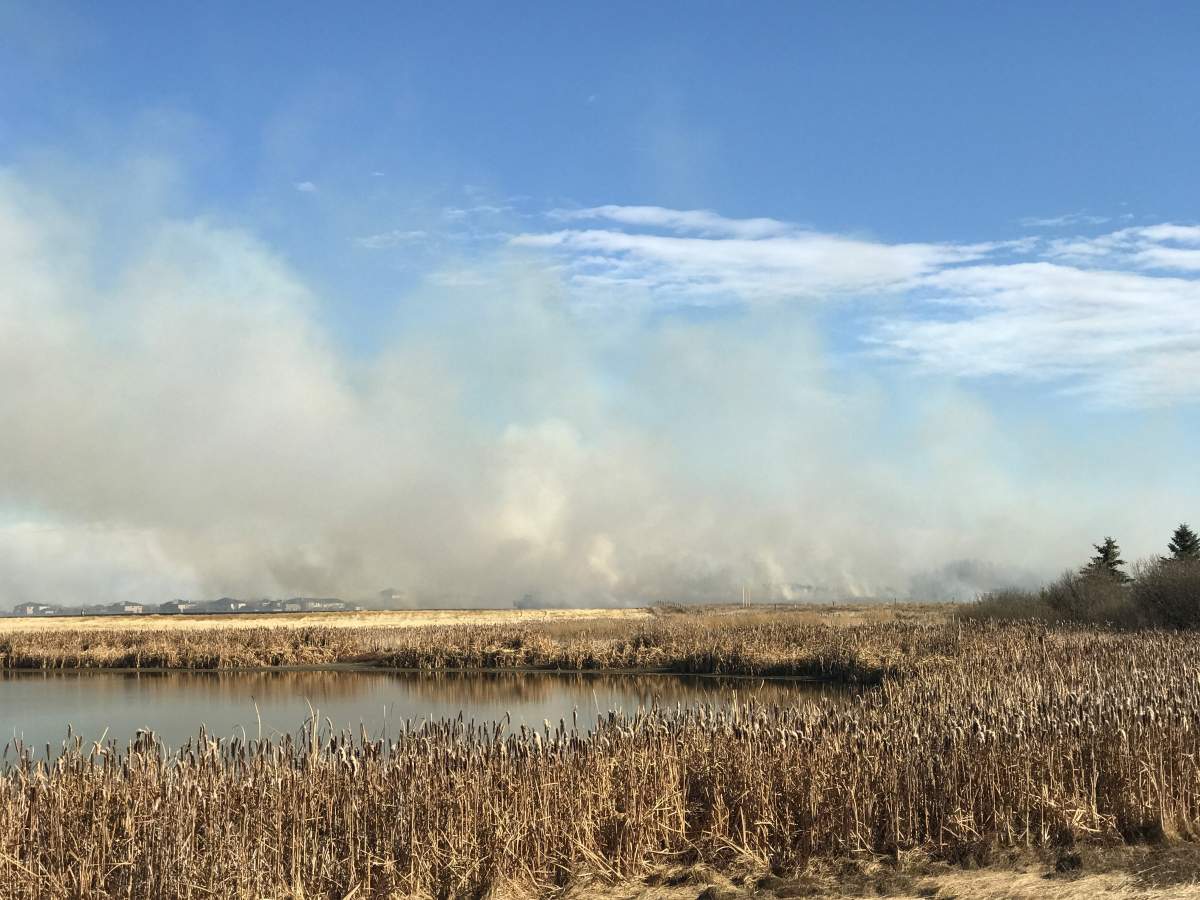 A grass fire was burning east of Calgary on Friday, Oct. 26.