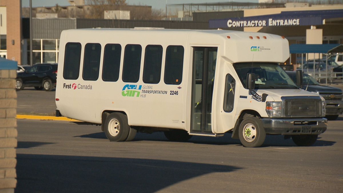 One of the buses that picks up and drops off Global Transportation Hub employees around Regina. 