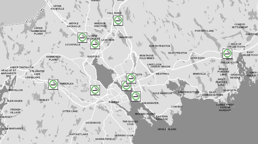 A map of the ten designated smoking areas in Halifax. 