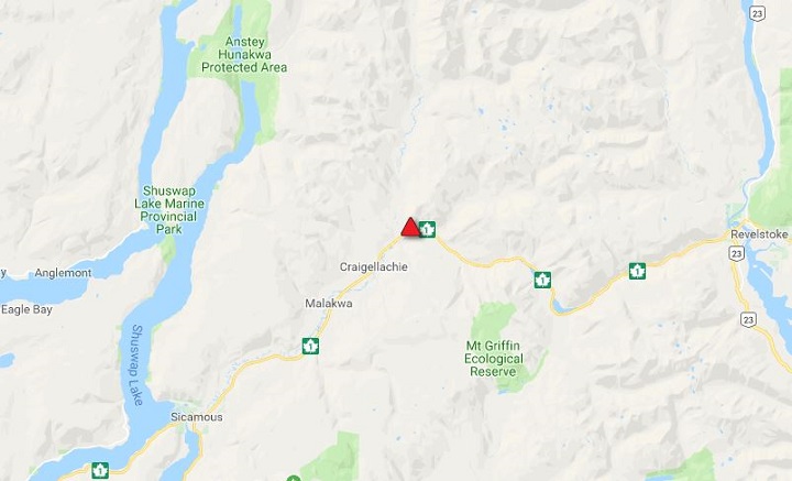 A section of the Trans-Canada Highway in B.C.’s Interior closed due to downed power lines.