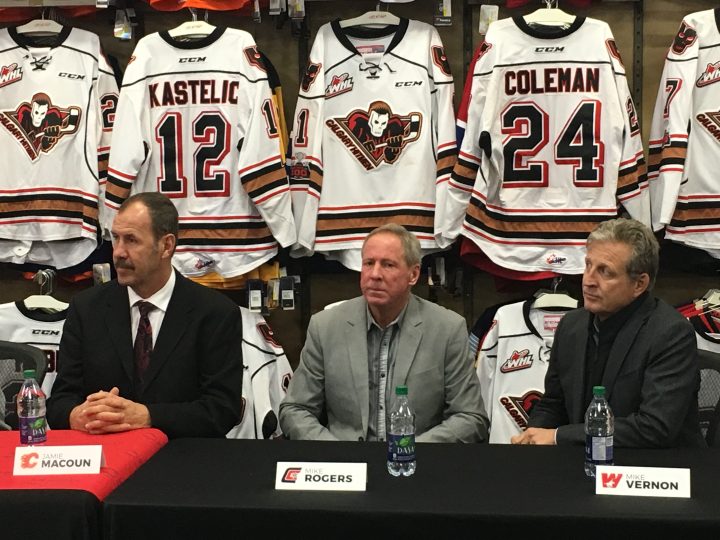 Jamie Macoun, Mike Rogers and Mike Vernon at Adrenalin Source for Sports in Calgary on Oct. 10, 2018.