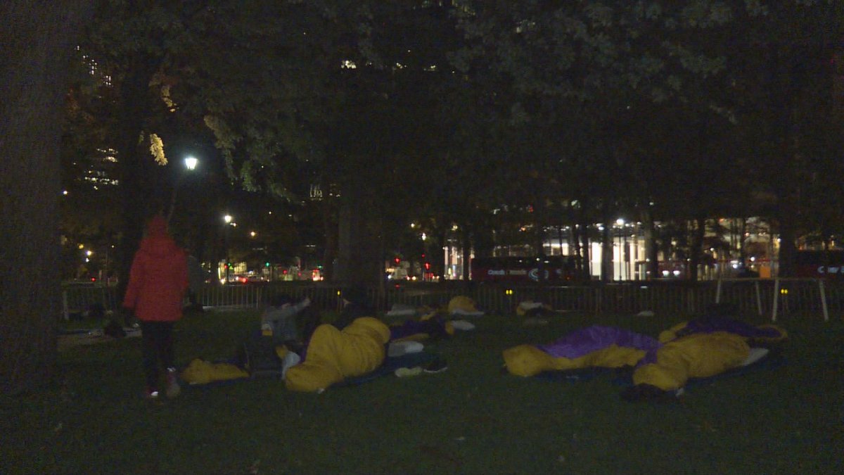 A few dozen Montrealers slept outside to raise money for Dans la rue. Oct 5, 2018.
