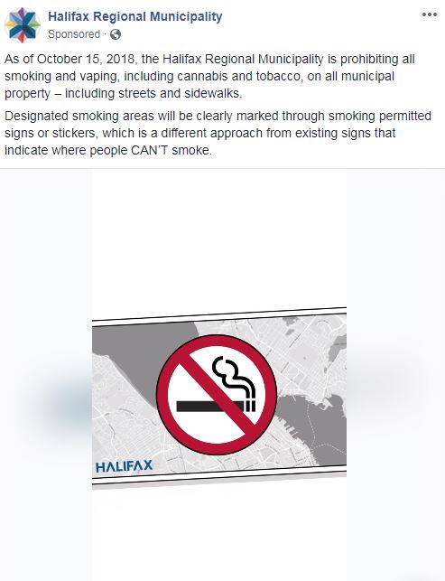 An advertisement that touts the Halifax Regional Municipality’s map of designated smoking areas. As of Oct. 11, 2018, that map is not yet active.