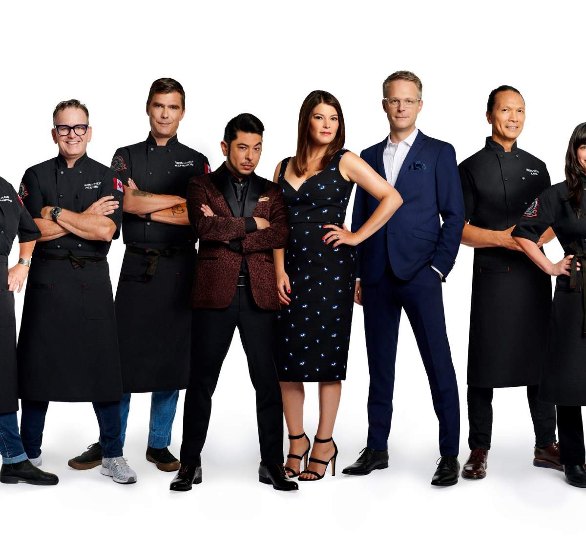L to R: Lynn Crawford, Rob Feenie, Hugh Acheson, Jai West, Gail Simmons, Chris Nuttall-Smith, Susur Lee and Amanda Cohen for Iron Chef Canada. 