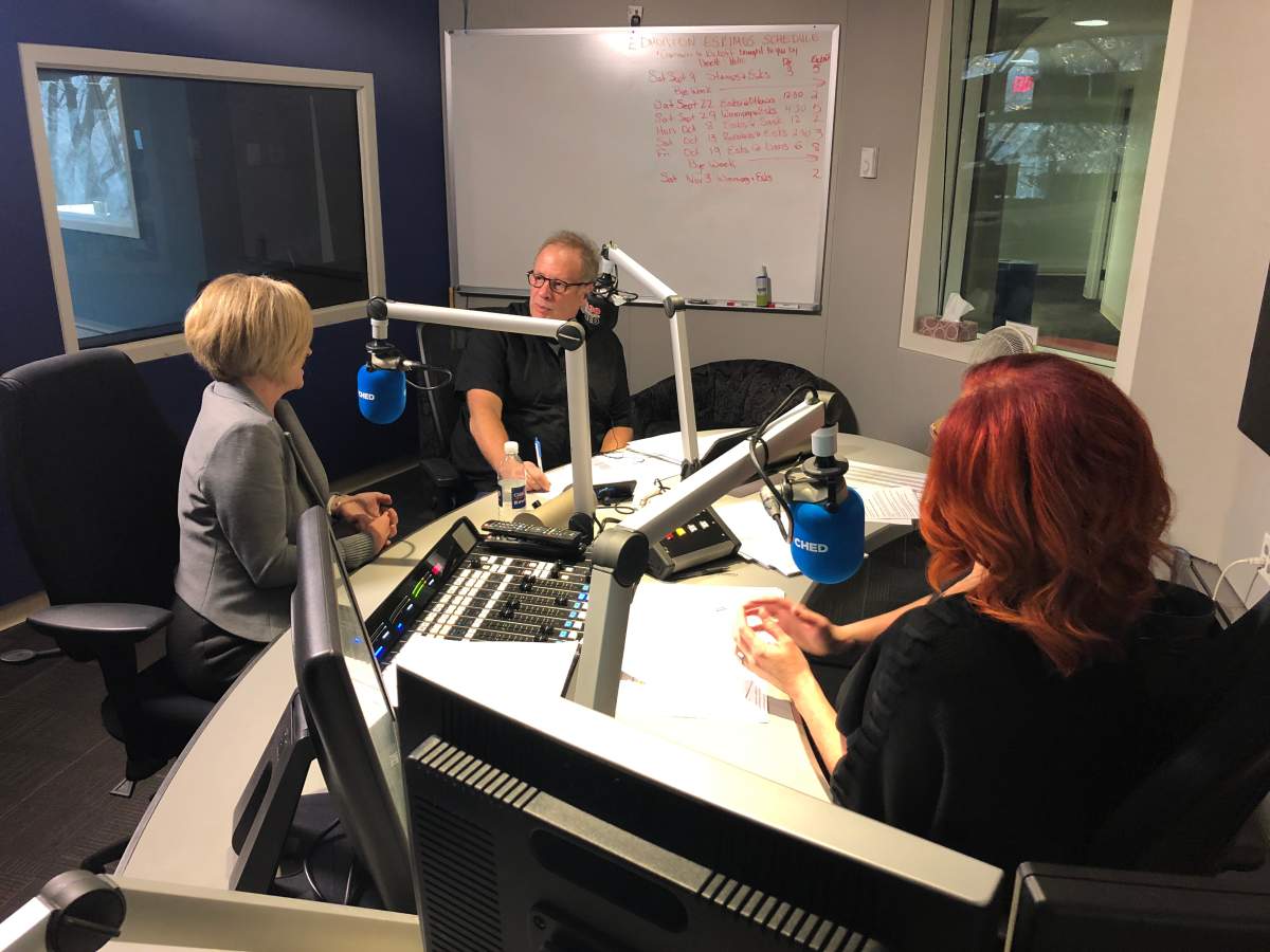 Premier Rachel Notley in studio with Andrew Grose and J\’lyn Nye of the 630 CHED Afternoon News on Oct. 4, 2018.