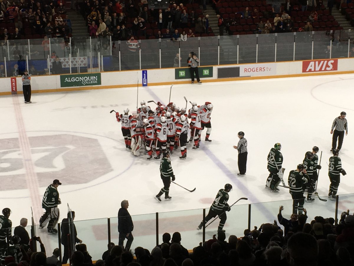 Ottawa, Ont. - The Ottawa 67's celebrate a 2-1 overtime victory over the London Knights on Friday, October 26. (Photo credit: Mike Stubbs/980 CFPL).