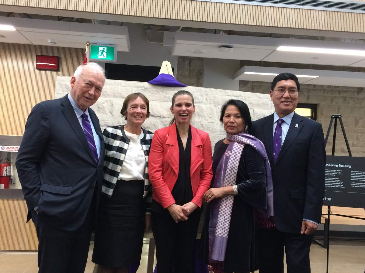(From left to right) Western university's 22nd chancellor Jack Cowin, his wife Sharon Cowin, Federal Minister of Science and Sport Kirsty Duncan, Meena Chakma, and Western university president Amit Chakma were on hand for the grand opening of the "Amit Chakma Engineering Building" on Friday, October 12, 2018. 