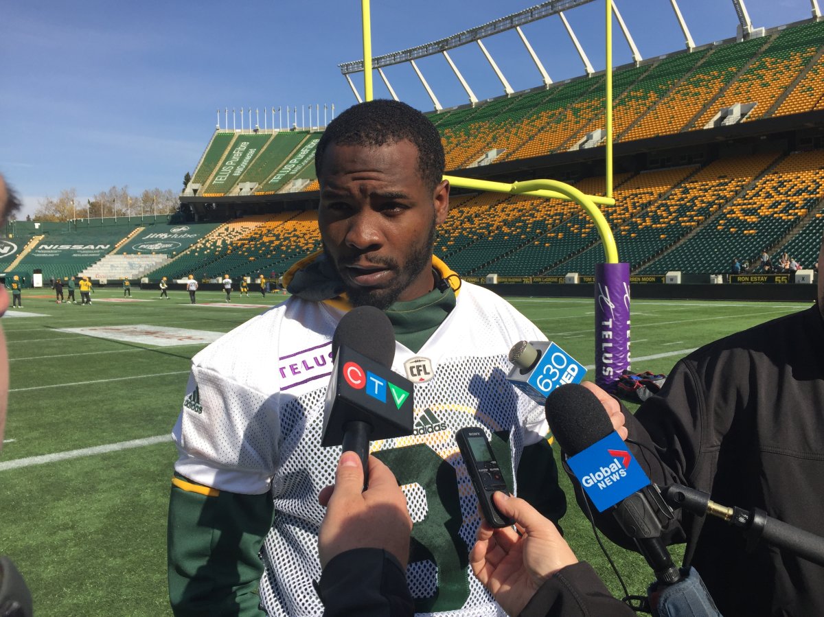 Eskimos receiver Duke Williams speaking with reporters after practice on The Brick Field at Commonwealth Stadium.