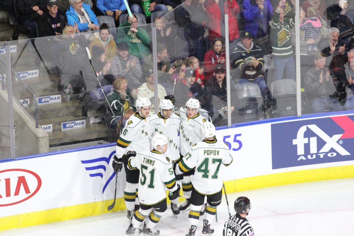 The London Knights congratulate Sahil Panwar on his first OHL goal in a 6-2 London victory over the Kitchener Rangers at Budweiser Gardens.