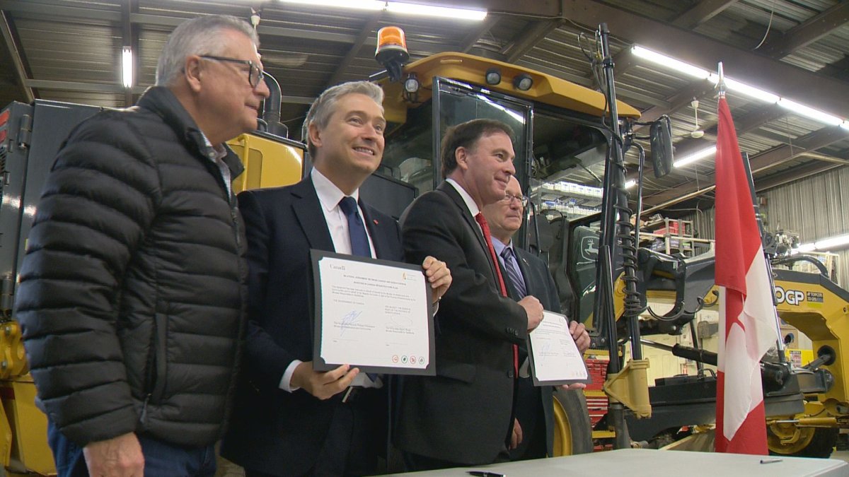 Regina Wascana MP Ralph Goodale, federal Infrastructure Minister Francois-Philippe Champagne, SaskBuilds Minister Gordon Wyant and Government Relations Minister Warren Kaeding with the newly signed Sask.-Ottawa infrastructure agreement. 