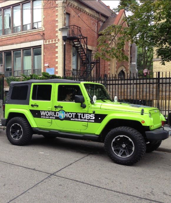 The "World of Hot Tubs" Jeep was one of the two vehicles stolen earlier this week.