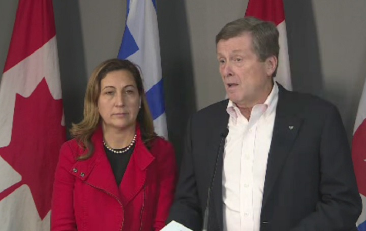 Mayor-elect John Tory, (right), and deputy mayor Ana Bailao, (left), speak to the media at Toronto city hall on Oct. 24, 2018.