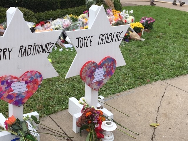 A Star of David displays victim Joyce Fienberg’s name outside the Tree of Life Synagogue in Pittsburgh after the Toronto-raised woman was killed in a shooting there on Oct. 27, 2018.