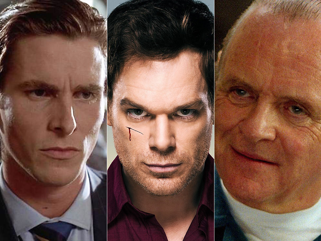 Christian Bale in 'American Psycho,' Michael C. Hall in 'Dexter,' and Anthony Hopkins in 'Red Dragon.'.