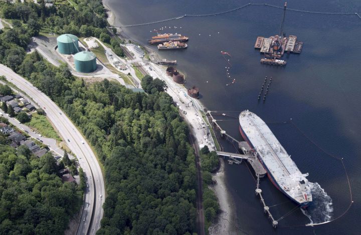A aerial view of Kinder Morgan's Trans Mountain marine terminal, in Burnaby, B.C., is shown on May 29, 2018. 