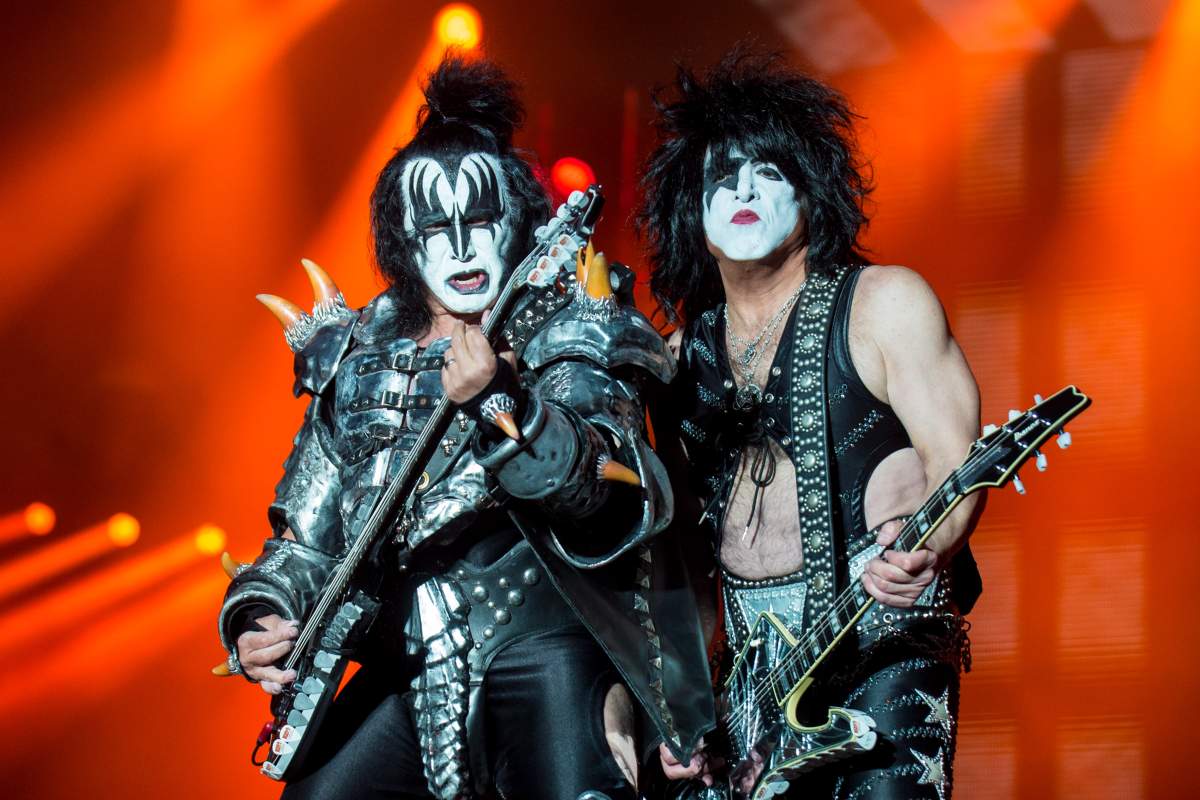 Gene Simmons and Paul Stanley of KISS perform at Donnington Park on June 14, 2015 in Donnington, England