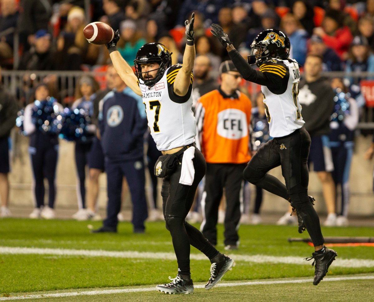 Hamilton Tiger-Cats wide receiver Luke Tasker (17) celebrates his touchdown with teammate Brandon Banks (16) during first-half CFL action in Toronto, Ont. on Friday, Oct. 12, 2018. 