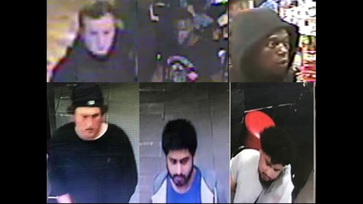 Security camera images of several men wanted in an attempted murder investigation after an assault on Sept. 23.