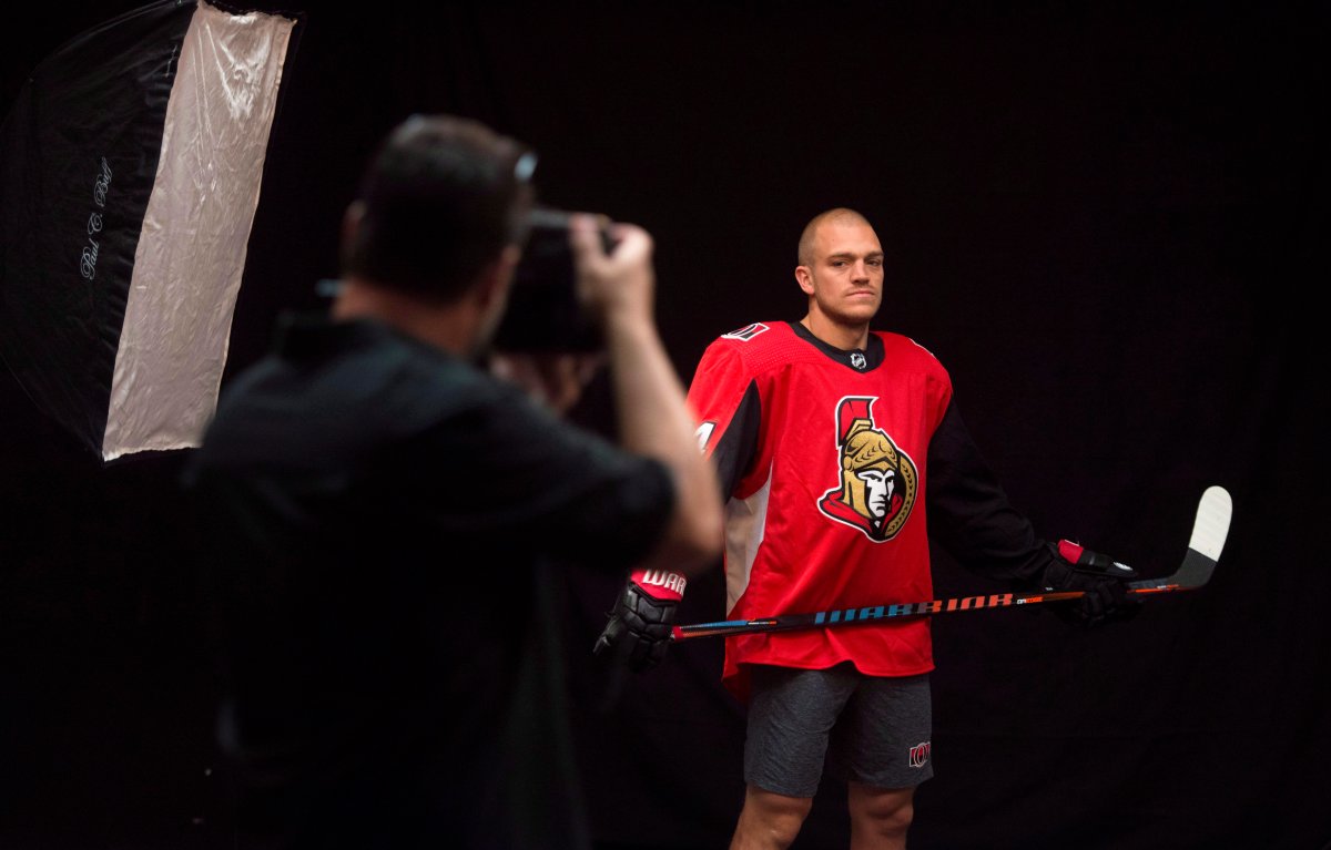 Ottawa Senators' Mark Borowiecki poses for photos as he reports to the first day of hockey training camp in Ottawa on Thursday, Sept. 13, 2018.  Borowiecki has been suspended one game for his elbow on Boston Bruins defenceman Urho Vaakanainen on Tuesday night.