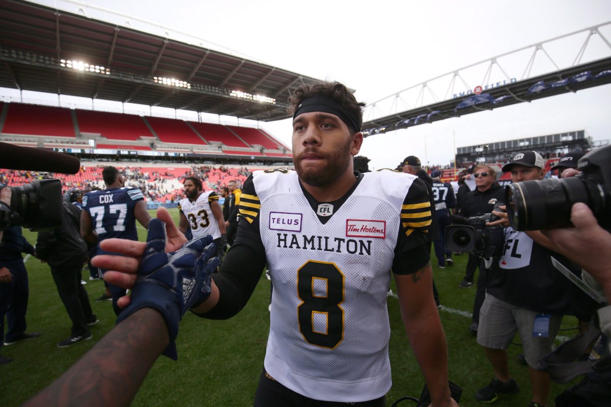 Hamilton Tiger-Cats quarterback Jeremiah Masoli (8) shakes hands with Toronto Argonauts players after defeating the Argos 36-25 in CFL football action, in Toronto, Saturday, Sept. 8, 2018.