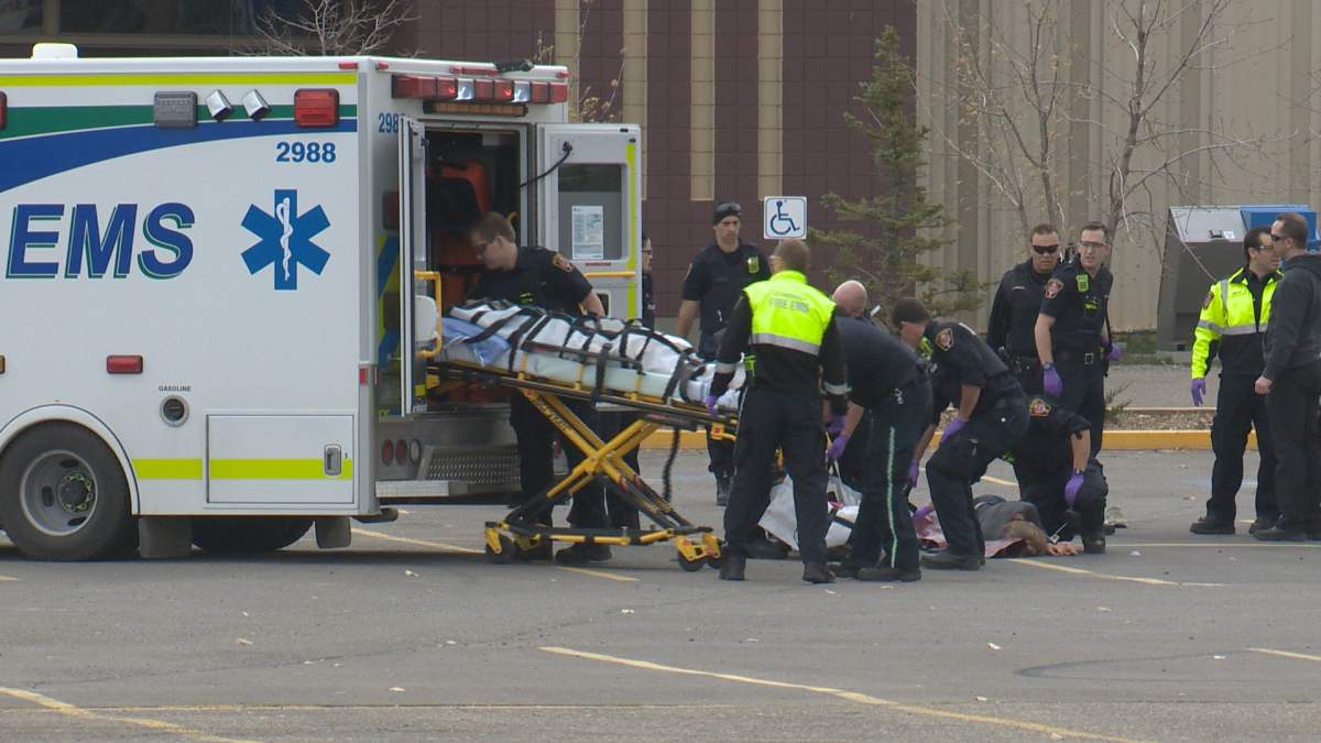 Lethbridge EMS rush to aid victims in mock disaster training.