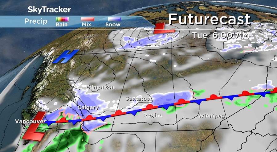 More snow is expected along a stationary frontal boundary draped over central Saskatchewan early Tuesday.